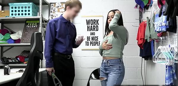  New security officer Alex Jett brings in Dania Vegax for questioning for shoplifting. The rookie officer was taught how to treat a lying shoplifter.